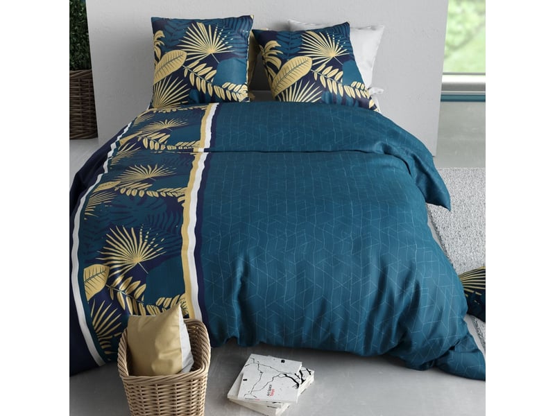  Parure housse de couette 260x240cm + 2 taies motif tropical bleu 100% coton - ophra OPHRA - Conforama C