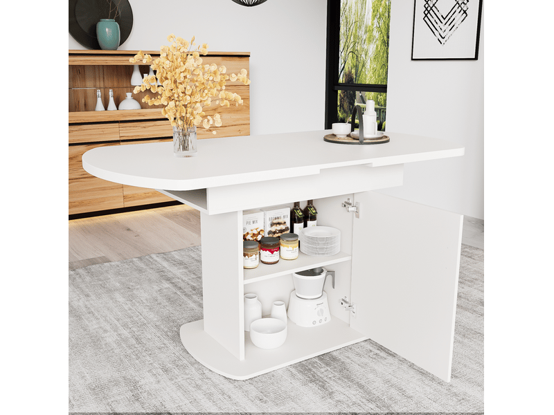  Table à manger ovale extensible 110-130 x 70 cm avec rangement, blanc et argenté  - Conforama D