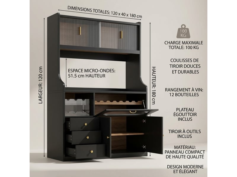  Buffet de cuisine haut noir 120 cm avec led rgb, portes coulissantes en verre et range-bouteilles  - Conforama C