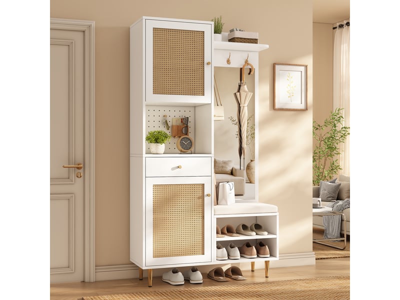 Ensemble vestiaire avec banc à chaussures, miroir, crochets et armoire à chaussures, commode avec 2 portes en rotin, 1 tiroir - Conforama E