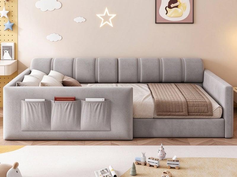  Lit rembourré 90x200 cm, avec poches de rangement latérales et épaisse tête de lit, velours, gris  - Conforama B