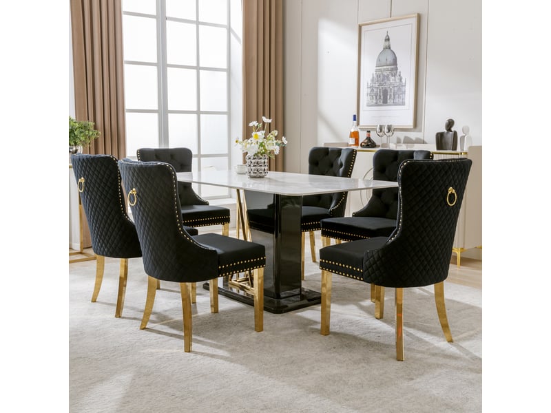  Chaises de salle à manger - ensemble de 6, dossier avec anneau, velours noir, structure métallique, 50,5 x 45 x 95 cm  - Conforama C