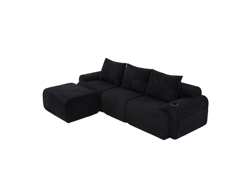  Canapé d'angle modulable 3 places en velours côtelé noir avec porte-gobelet et poche latérale pratique  - Conforama A