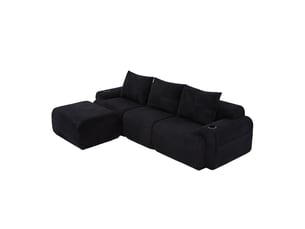 Canapé d'angle modulable 3 places en velours côtelé noir avec porte-gobelet et poche latérale pratique