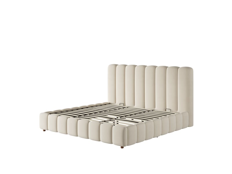  Lit coffre en velours beige à tête de lit verticale 180 x 200 cm Fay Lum - Conforama W