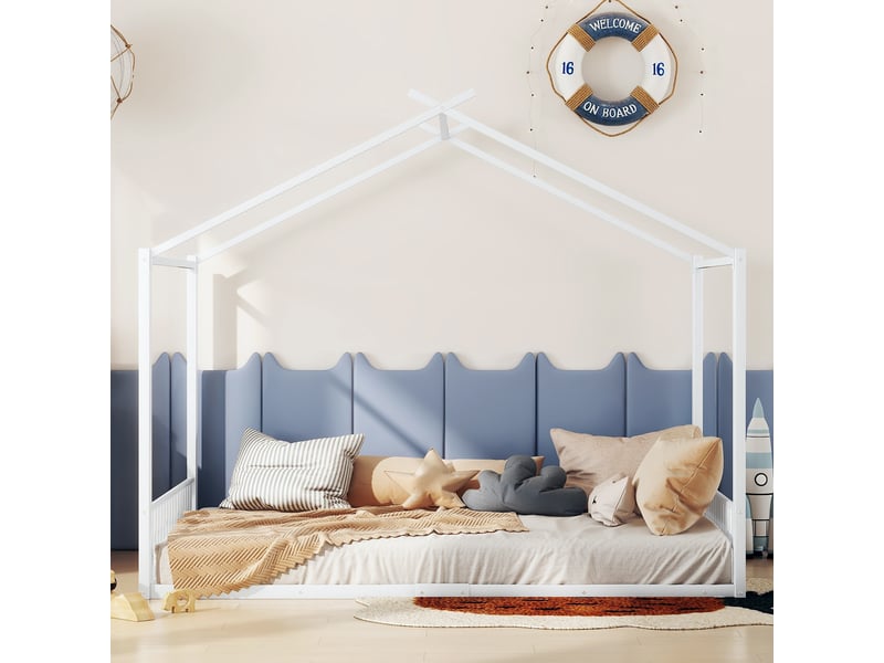  Lit cabane enfant 140 x 200 cm, lit a cadre en fer et d'un matériau mdf, lit double avec barre de maison, sans matelas, blanc  - Conforama D