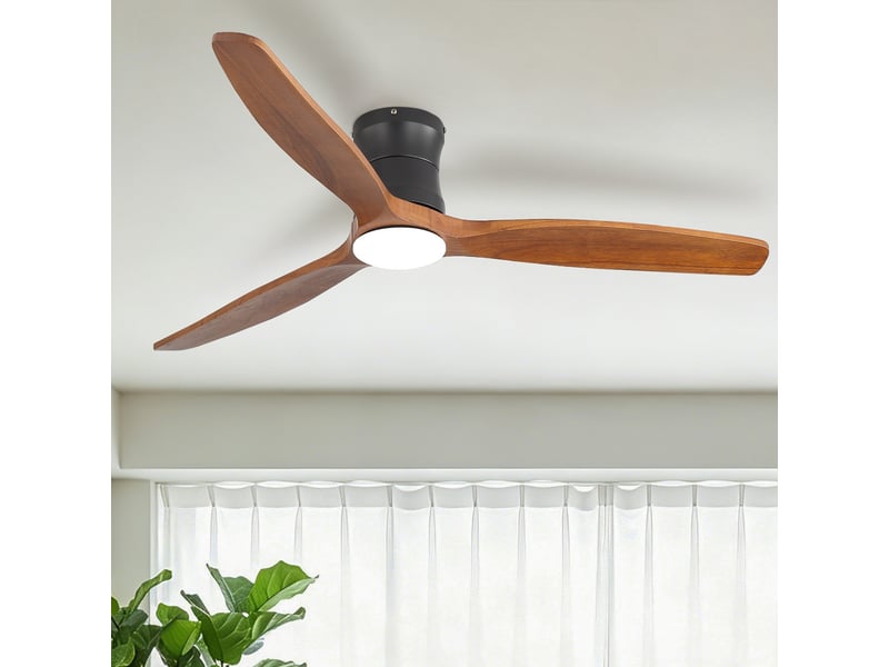Ventilateur de plafond 132 cm avec éclairage et télécommande, luminaire de ventilateur silencieux pour chambre et salon, 3 pales en bois massif, noir - Conforama B