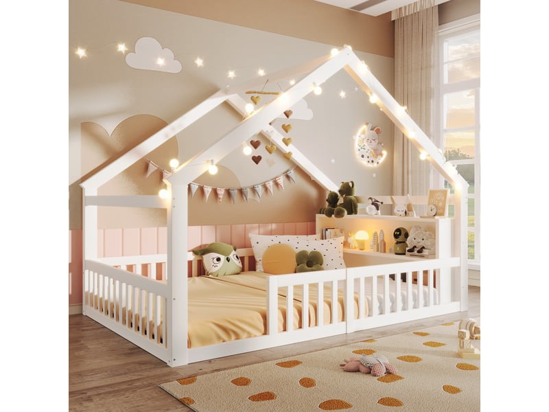 Lit cabane enfant 140x190 cm en bois de pin blanc avec barrières de sécurité et étagères, design minimaliste (sans matelas) - Conforama B