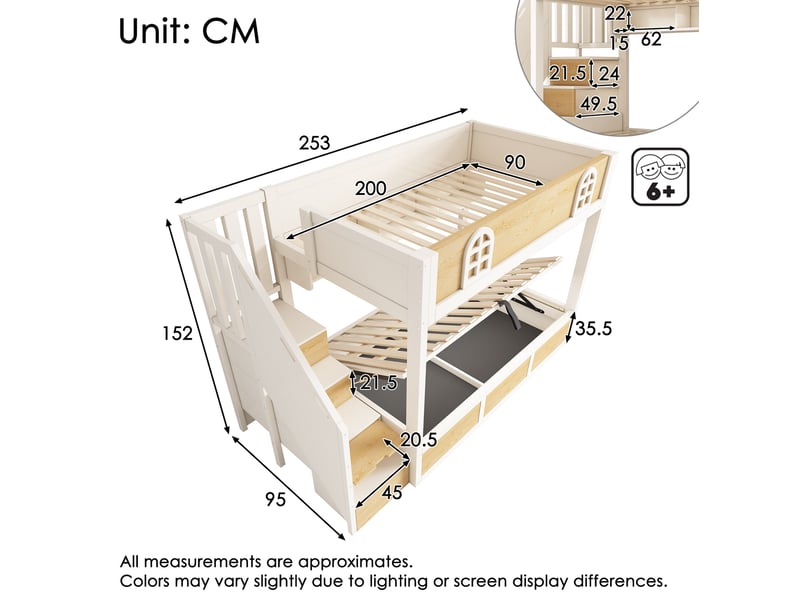  Lit superposé enfant 90x200 cm avec escalier de rangement coloris blanc et naturel  - Conforama C