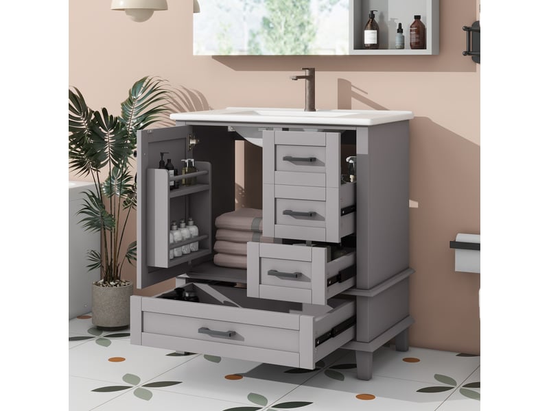 Meuble vasque 76×46×83,5 cm – gris, 3 tiroirs, vasque céramique intégrée - Conforama D