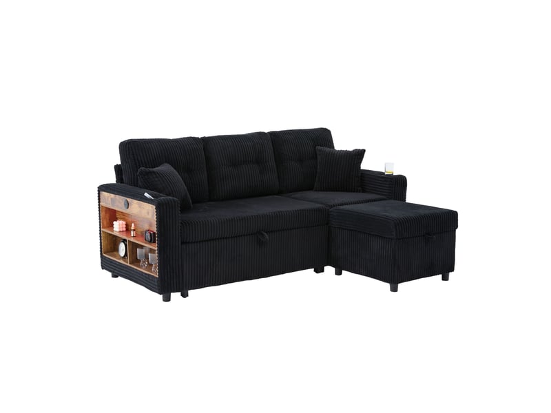  Canapé 3 places rangement 196x82–144x85 cm port usb‑c intégré éclairage à led coussins confortables velours côtelé noir  - Conforama A