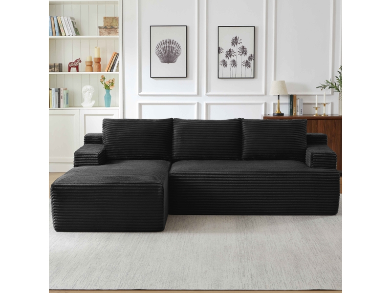 Canapé d’angle 4 places noir en velours côtelé, style nuage avec méridienne droite, modulable et convertible - Conforama D