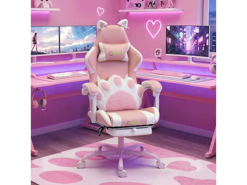  Fauteuil de jeu ergonomique, fauteuil gamer à oreilles de chat en similicuir avec soutien lombaire, repose-pieds et appui-tête, rose  - Conforama C