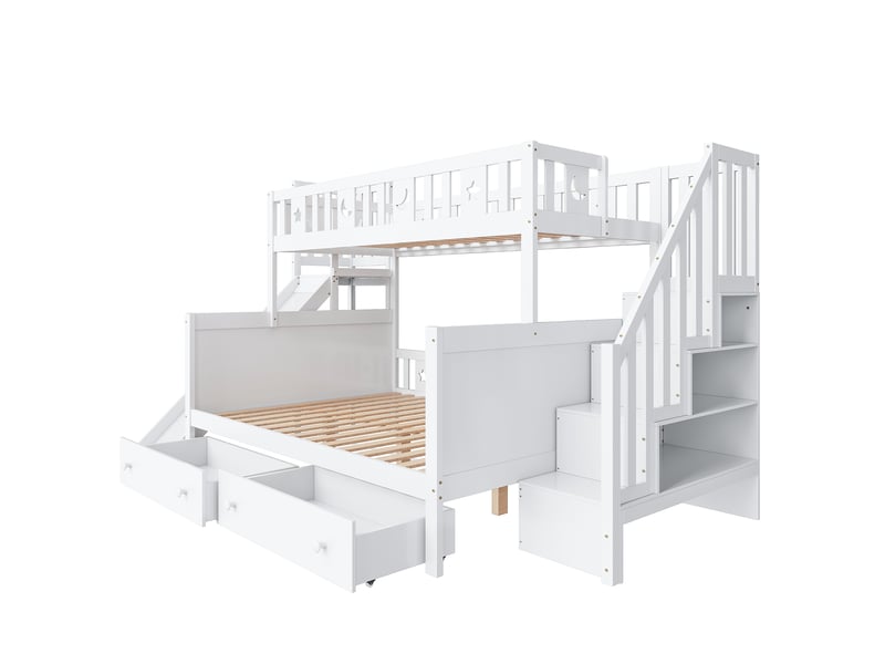  Lit superposé enfant en bois massif blanc avec toboggan et échelle, 90 x 200  ou  140 x 200 cm, rangements.  - Conforama B