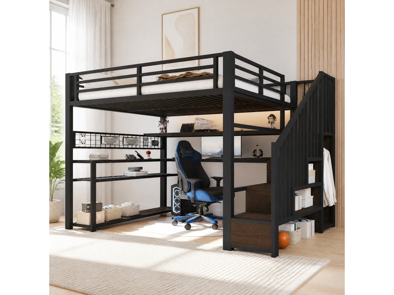  Lit mezzanine double 140×200 cm avec led, bureau, armoire et rangements - okmyhome- métal noir, sans matelas  - Conforama C