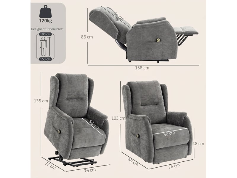 Fauteuil relax électrique avec aide au lever, double moteur, télécommande et poches latérales en chenille gris foncé  - Conforama C