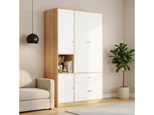 Armoire de chambre 3 portes avec 2 penderies, tiroir et étagères - 120x50x200 cm - blanc et bois