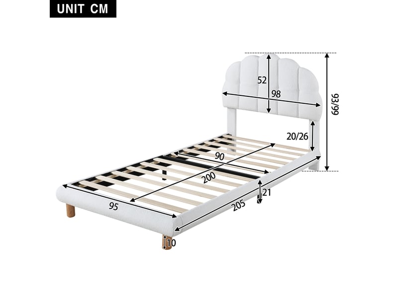  Feeohome lit enfant fille 90 x 200 cm, lit simple rembourré avec sommier à lattes, lit de princesse avec tête de lit à pétales, tissu de velours, sans matelas (beige)  - Conforama C
