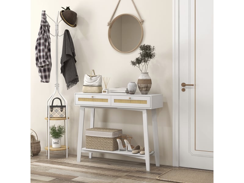  Console d'entrée avec 2 tiroirs, design rotin et étagère ouverte, 100 x 30 x 81 cm, blanche  - Conforama C