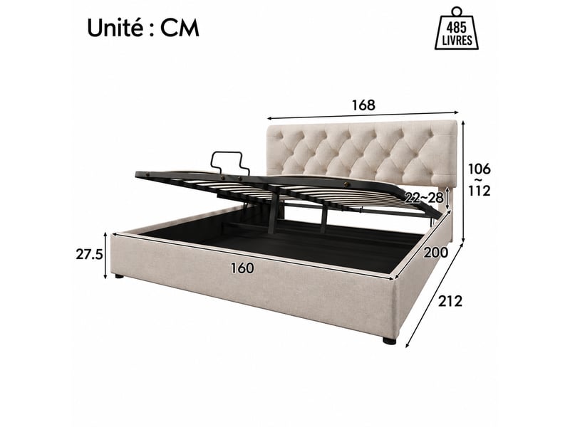  Lit coffre 160x200 cm avec tête de lit réglable, lin naturel, sommier relevable  - Conforama C