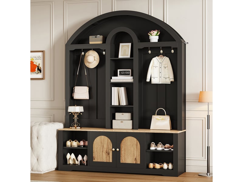 Vestiaire d'entrée, meuble de rangement avec porte-manteau et étagère à chaussures, mdf style scandinave 150x40x195 cm avec ruban led, noir et bois - Conforama W
