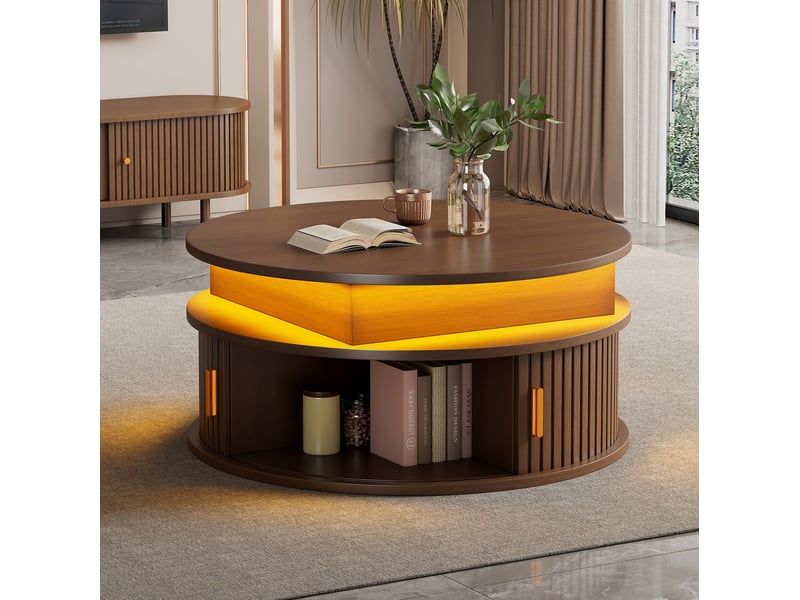  Table basse relevable ronde 75x75x52 cm avec led et rangement, au design simple, table de salon, mdf, couleur noyer  - Conforama B