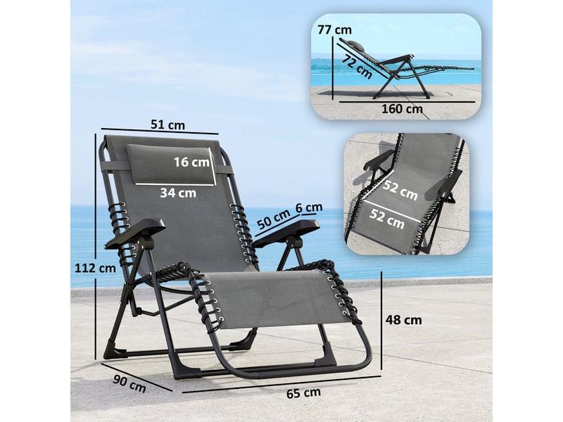  Lot de 2 bain de soleil, chaise longue pliante inclinable avec appuie-tête en textilène, 90 x 65 x 112 cm, gris  - Conforama D