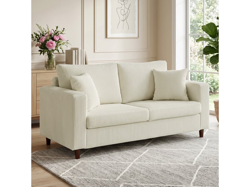  Canapé 2 places en velours côtelé, canapé de salon moderne 170 cm, assise large, crème, coussin à ressorts  - Conforama D