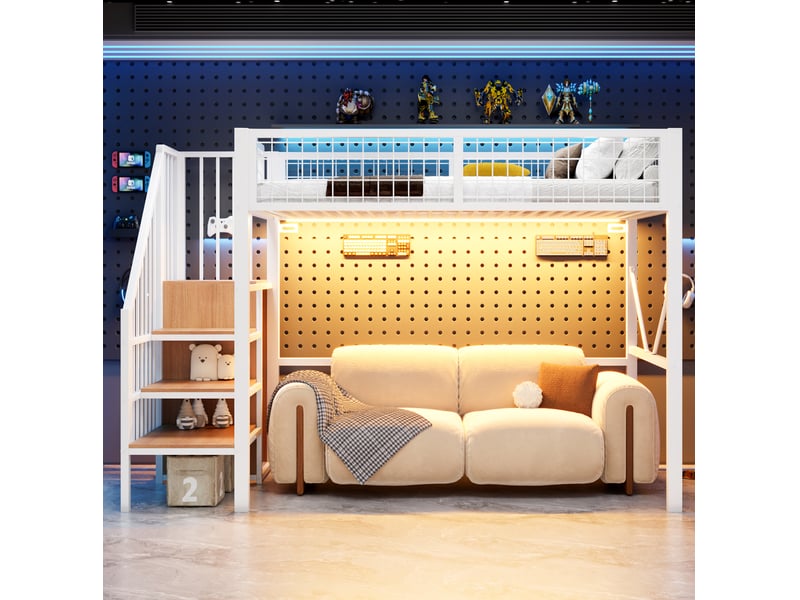  Lit mezzanine modenvie 90 x 200 cm en métal blanc avec échelle de rangement, led et garde-corps  - Conforama D
