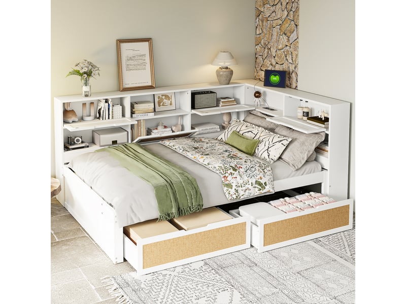  Lit canapé 140*200, tiroirs de rangement, nombreux espaces et prise usb, blanc pratique  - Conforama E