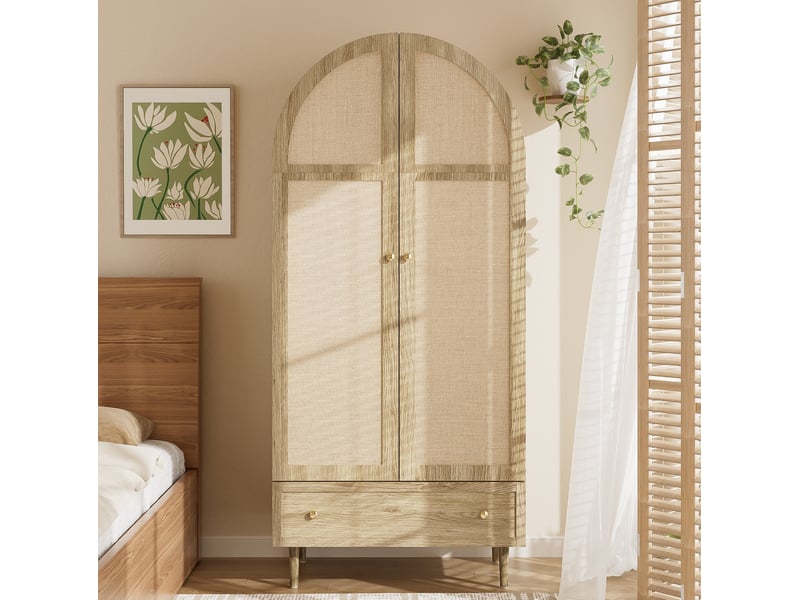  Armoire 79x50x175 cm avec portes en tissu et tiroirs, finition chêne  - Conforama D