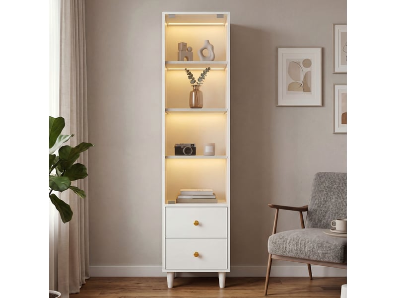  Vitrine led 165x40x35 cm – blanc – portes vitrées, 2 tiroirs et rangement en hauteur  - Conforama B
