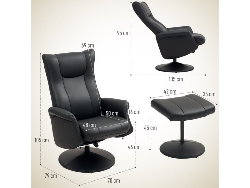  Fauteuil de direction avec repose-pieds, aspect cuir, pivotant, dossier réglable, jusqu'à 150 kg, noir  - Conforama E