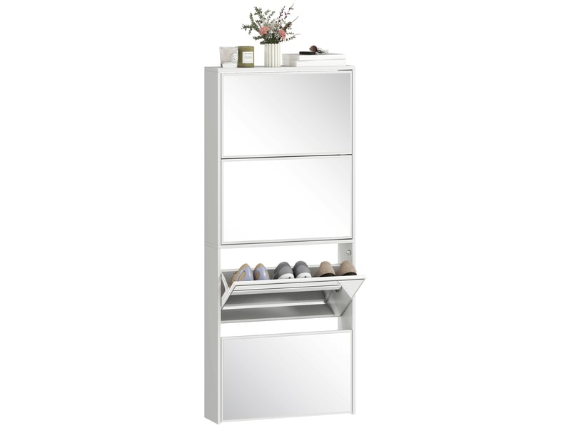  Meuble à chaussures étroit avec miroir et 4 portes battantes pour 12 paires de chaussures, 63 x 17 x 146 cm, blanc  - Conforama A