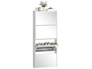 Meuble à chaussures étroit avec miroir et 4 portes battantes pour 12 paires de chaussures, 63 x 17 x 146 cm, blanc