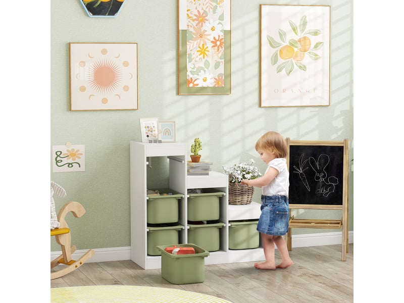  Meuble de rangement pour jouets des enfants avec 6 bacs amovibles, 3 niveaux de rangement, 96 x 38,5 x 90, vert  - Conforama B