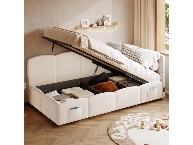  Lit coffre 90x200 canapé lit avec rangement velours beige ports usb  - Conforama D