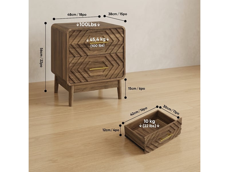  Table de chevet noyer avec 2 tiroirs et motif géométrique 3d, bords arrondis, 48x38x56 cm  - Conforama C
