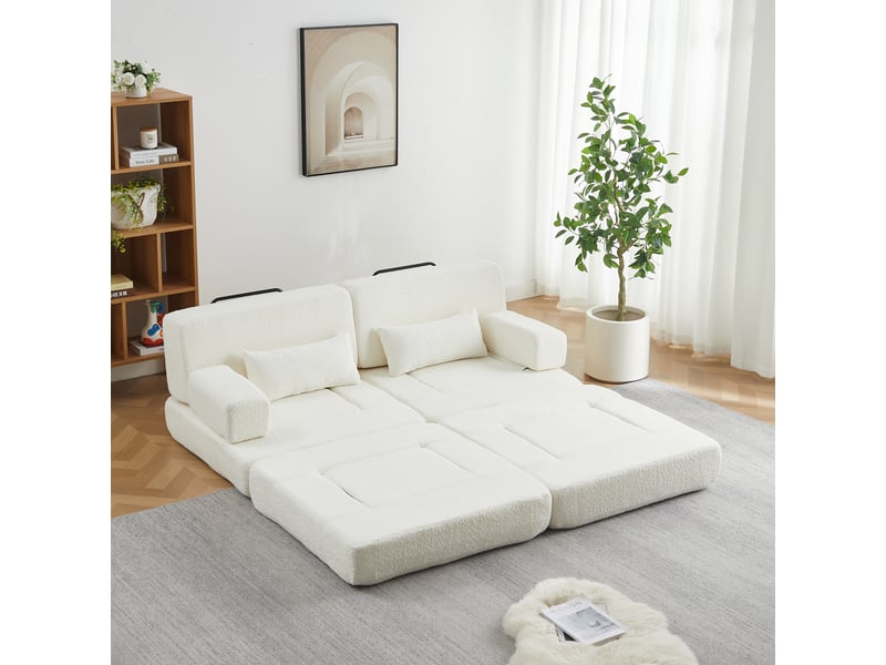  Canapé convertible 2-en-1 2 places 182 x 90 x 80 cm avec couchage pliant, dossier réglable et structure en fer, chenille, beige OMNIGLINT TRADING LTD - Conforama C