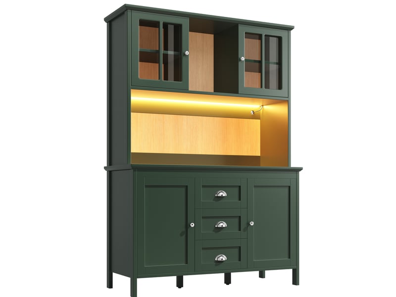 Buffet de cuisine 120 x 40 x 179 cm vert en mdf et métal, 4 portes 3 tiroirs, zone ouverte avec led  - Conforama D