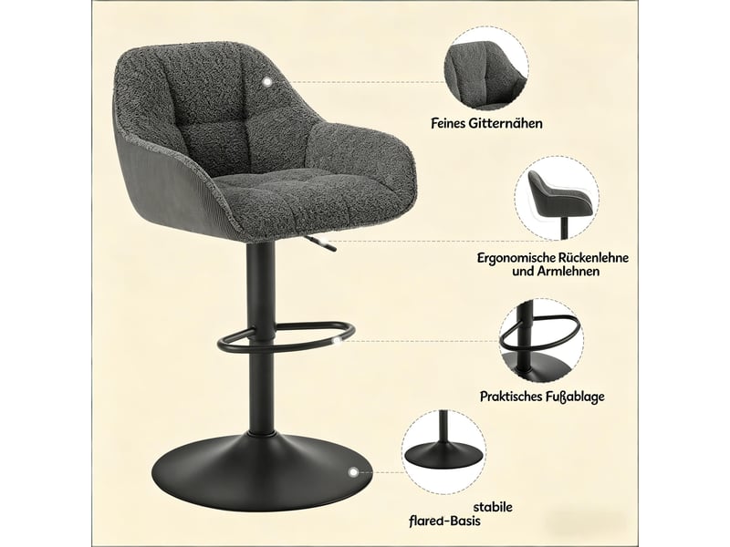  Tabouret de bar lot de 2 pivotant avec hauteur réglable et dossier, en chenille et velours côtelé gris foncé  - Conforama E