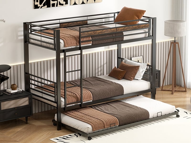  Lit superposé 90x200 avec lit gigogne, barrière de sécurité et échelle, lit gain de place pour 3 personnes et fratrie, noir  - Conforama B