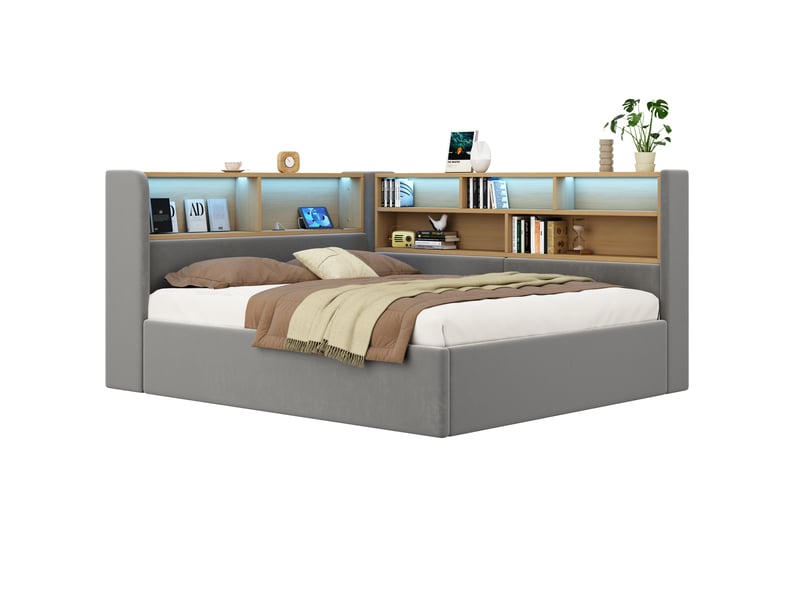  Lit de jour 140x190 cm avec rangement hydraulique, lit rembourré, canapé-lit avec led, port usb et dossier, velours gris  - Conforama A