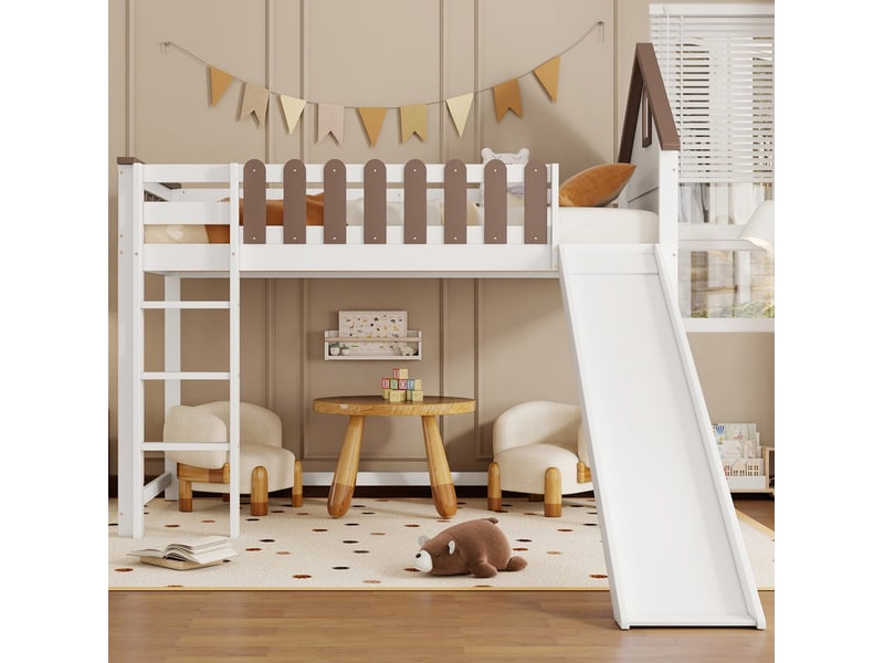  Lit mezzanine enfant 90 x 200 cm avec toboggan, échelle, toit et fenêtres blanc noyer  - Conforama E