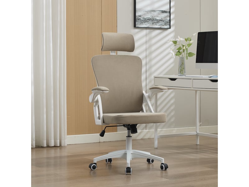  Chaise de bureau ergonomique beige à dossier haut en maille, appui-tête et soutien lombaire réglable  - Conforama E