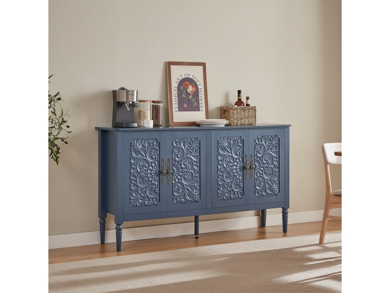  Buffet et enfilade avec portes sculptées, poignées métal et bords arrondis, pour salon, bleu marine, 160 × 40 × 89 cm  - Conforama B