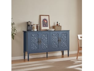 Buffet et enfilade avec portes sculptées, poignées métal et bords arrondis, pour salon, bleu marine, 160 × 40 × 89 cm