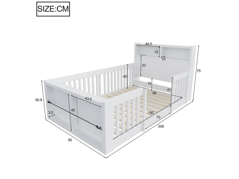  Lit enfant 90 × 190 cm 1 place avec barrières hautes, usb, veilleuse et rangement, sans matelas, en bois blanc  - Conforama D