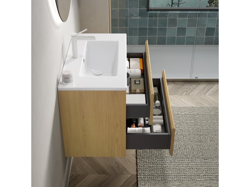 Meuble sous vasque suspendu 75 cm avec 2 tiroirs à fermeture douce - lpospi - céramique blanc et chêne doré - Conforama B