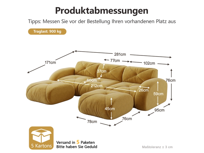 Canapé modulable 3 places ulevr en u avec 2 poufs, tissu chenille jaune, sans cadre, 281 x 171 x 76 cm - Conforama C